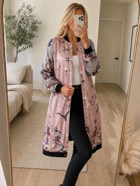 NWT Pink Floral Satin Longline Bomber Jacket Small